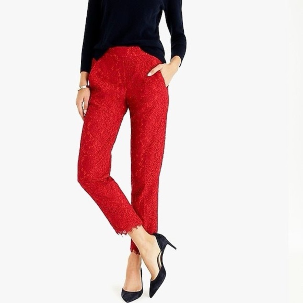 JCREW | HIGH RISE RED LACE STRAIGHT LEG HOLIDAY CHRISTMAS TROUSER PANTS - Picture 2 of 11